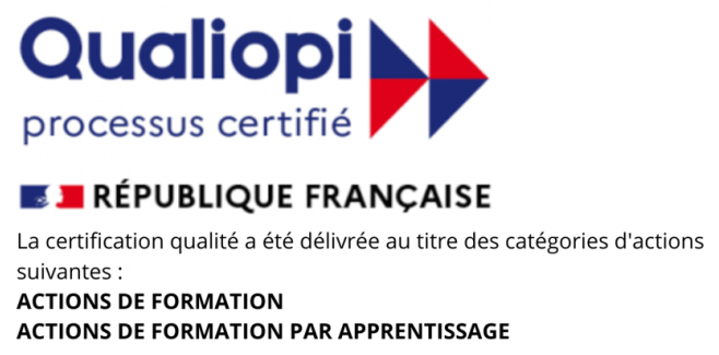 Logo Qualiopi. La certification qualité a été délivrée au titre des catégories d'actions suivantes : actions de formation, actions de formation par apprentissage.